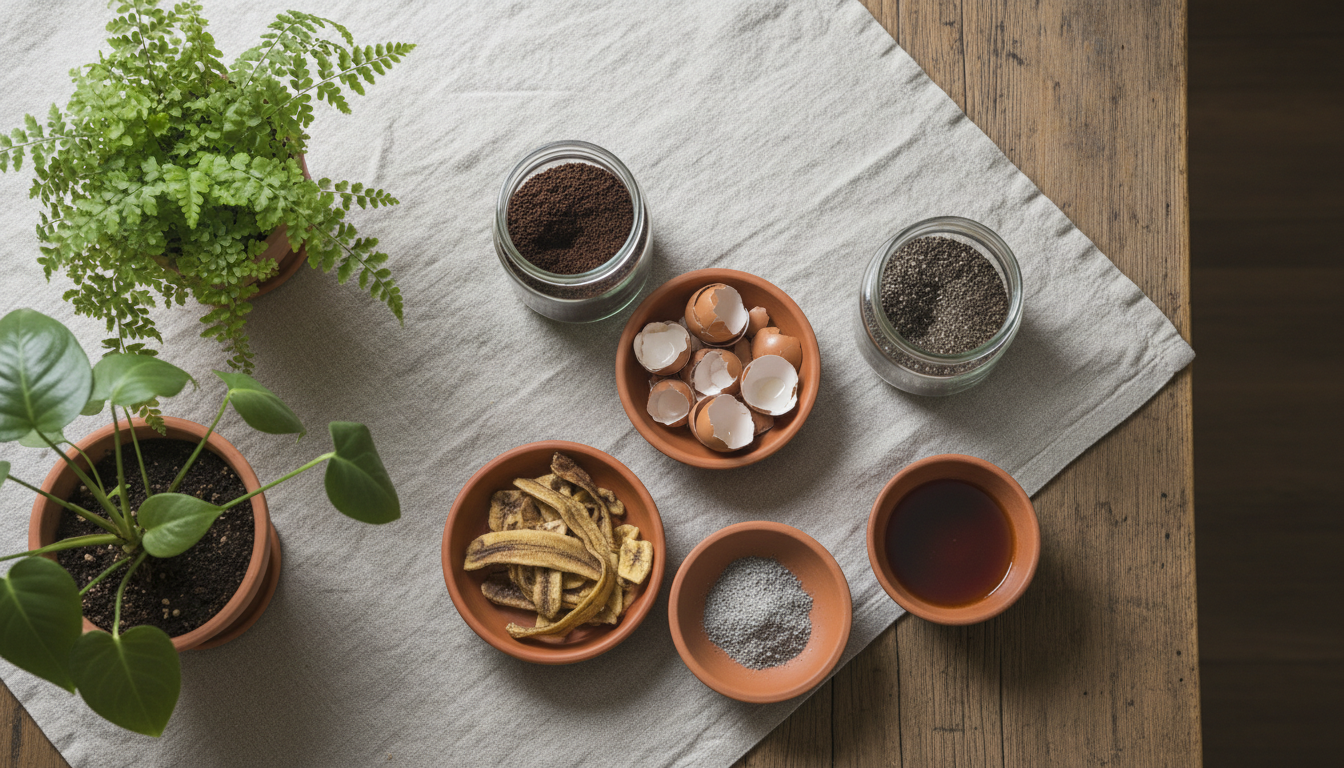 Abonos caseros para plantas con posos de café cáscaras de huevo y plátano sobre mesa de madera
