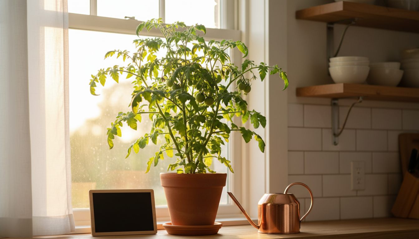 Planta sana y vigorosa en maceta tras aplicar abono casero, hojas verdes brillantes