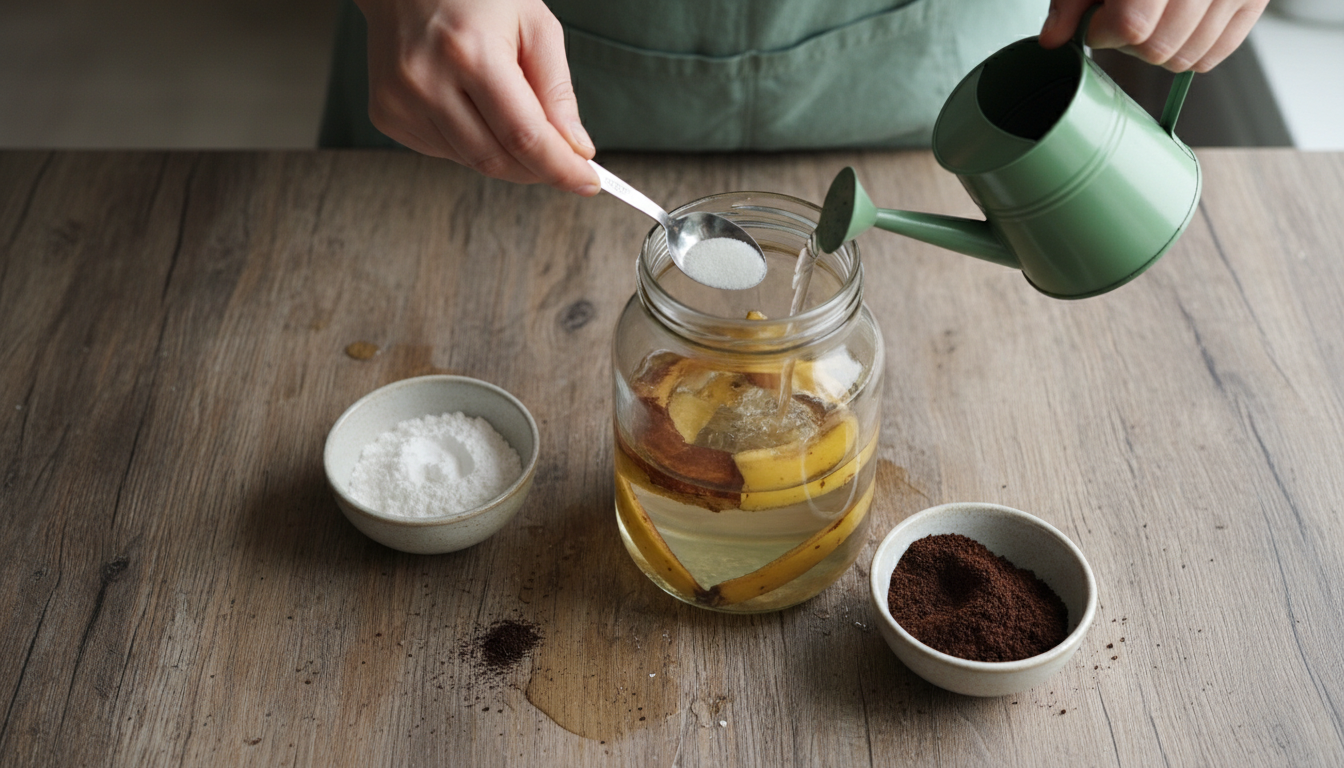 Mezclando abono casero líquido con cáscaras de plátano y posos de café en un tarro de cristal