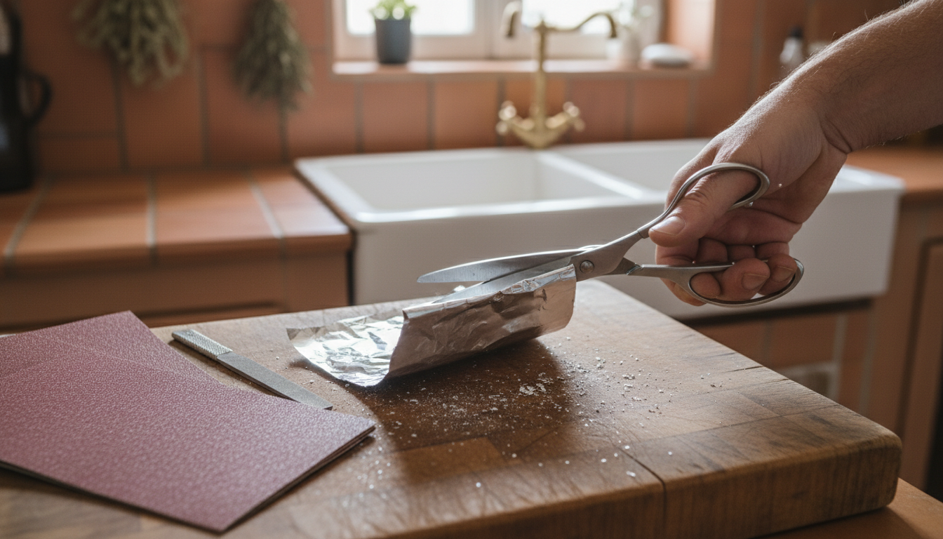 Tijeras siendo afiladas con papel de lija y piedra de afilar sobre mesa de trabajo