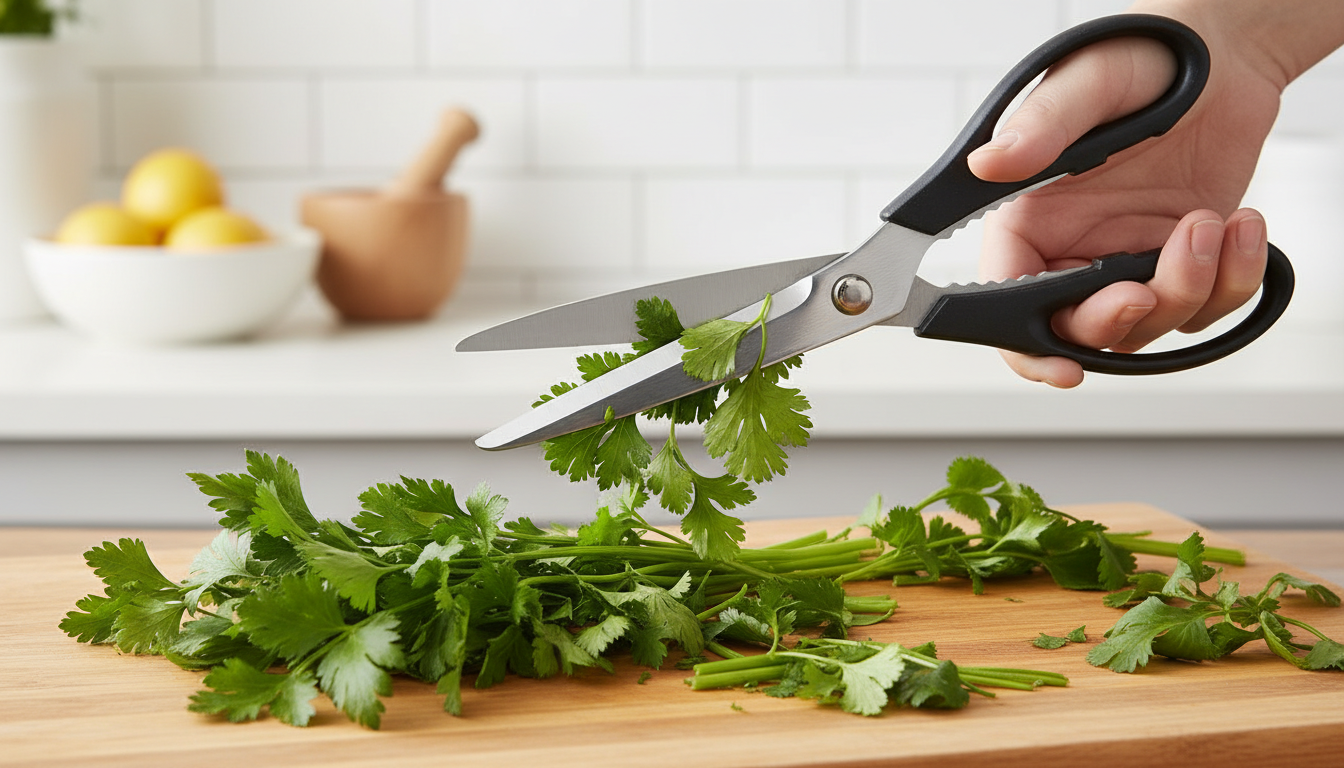 Tijeras afiladas cortando perfectamente perejil fresco sobre tabla de madera de cocina