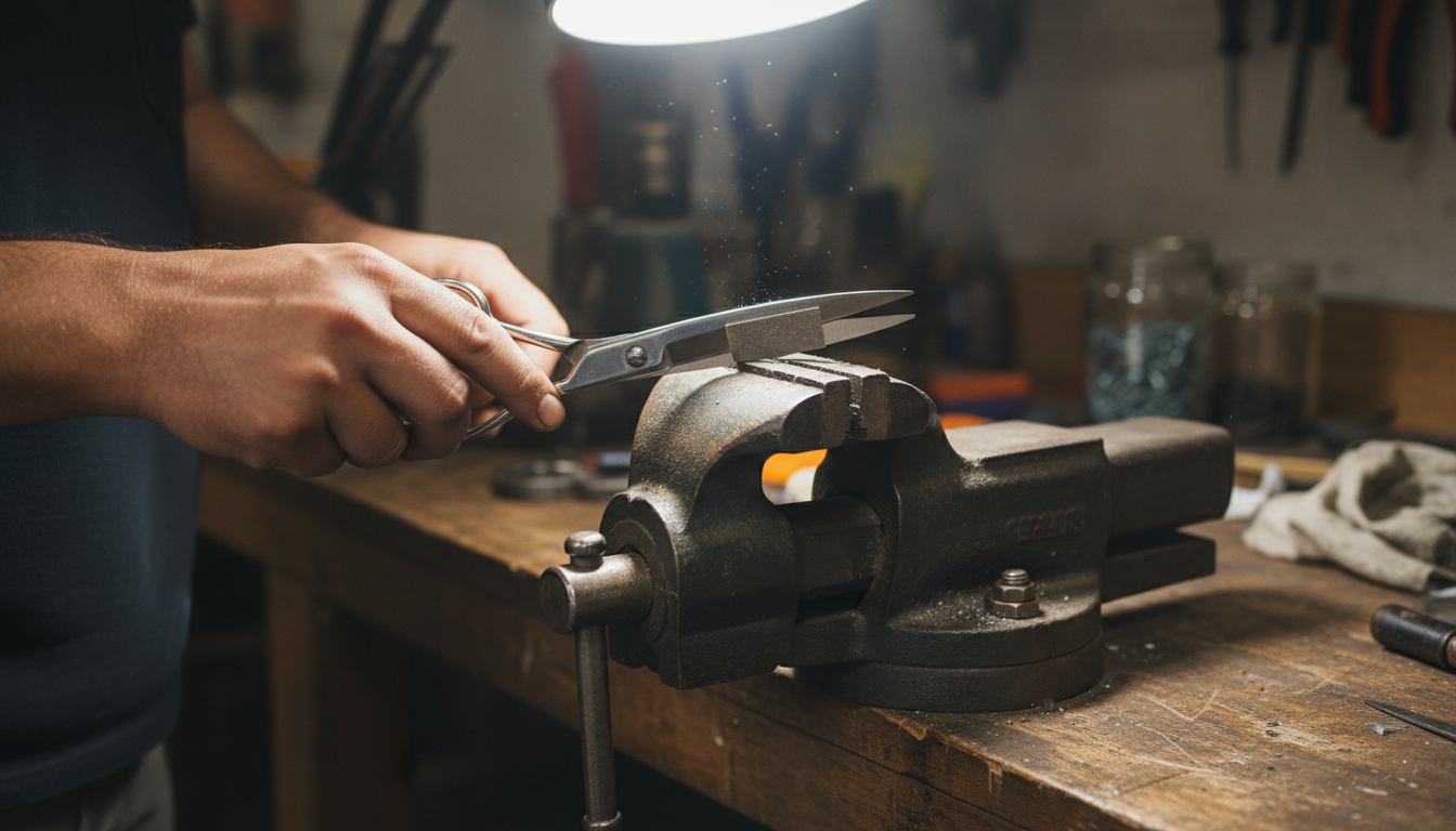 Afilando tijeras de cocina con lima plana metálica sujetadas en tornillo de banco