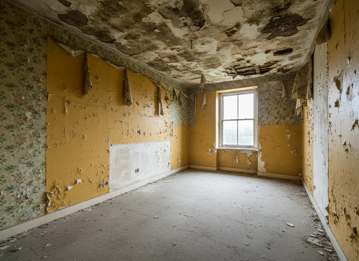 Habitación con paredes deterioradas antes