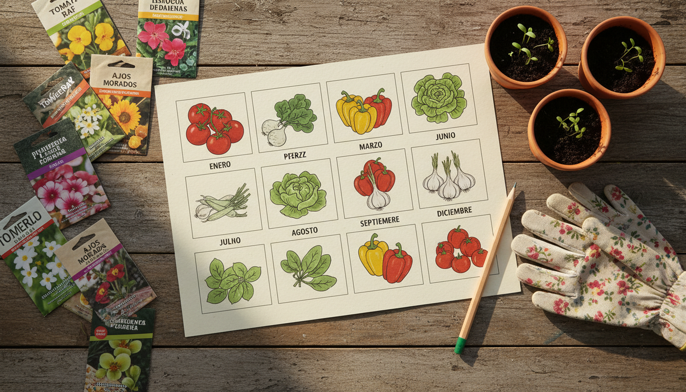 Calendario de siembra de huerto urbano en España con semillas y plantel
