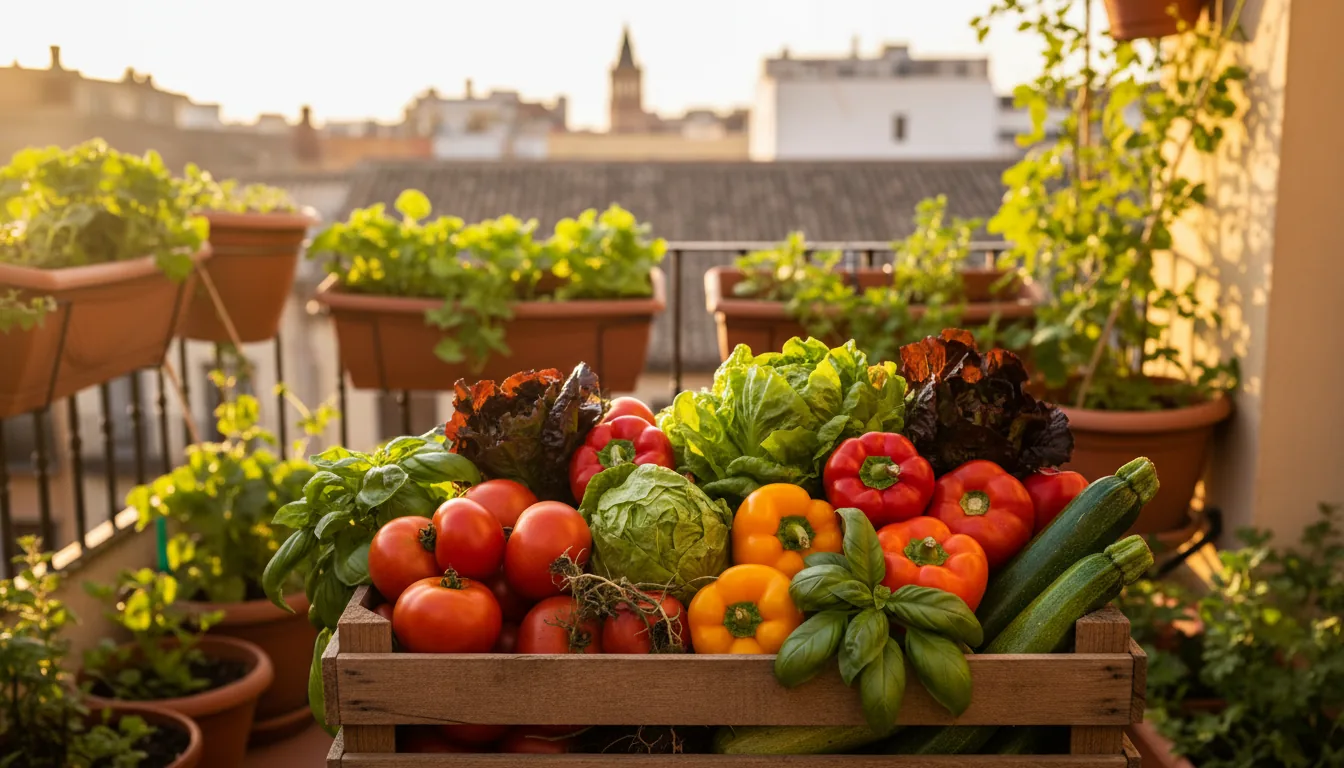 Cosecha de balcón urbano con cesta de tomates lechugas pimientos albahaca y calabacín recién recogidos