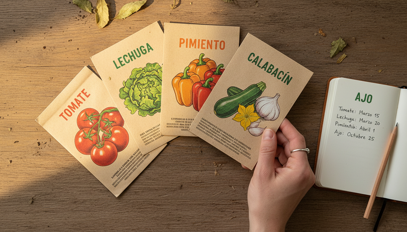 Sobres de semillas españolas de tomate lechuga pimiento y calabacín con cuaderno de planificación