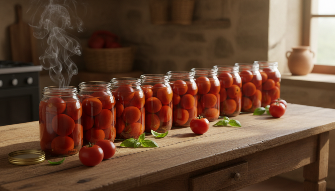 Tarros de cristal con tomate triturado natural y tomate frito casero sobre mesa de madera
