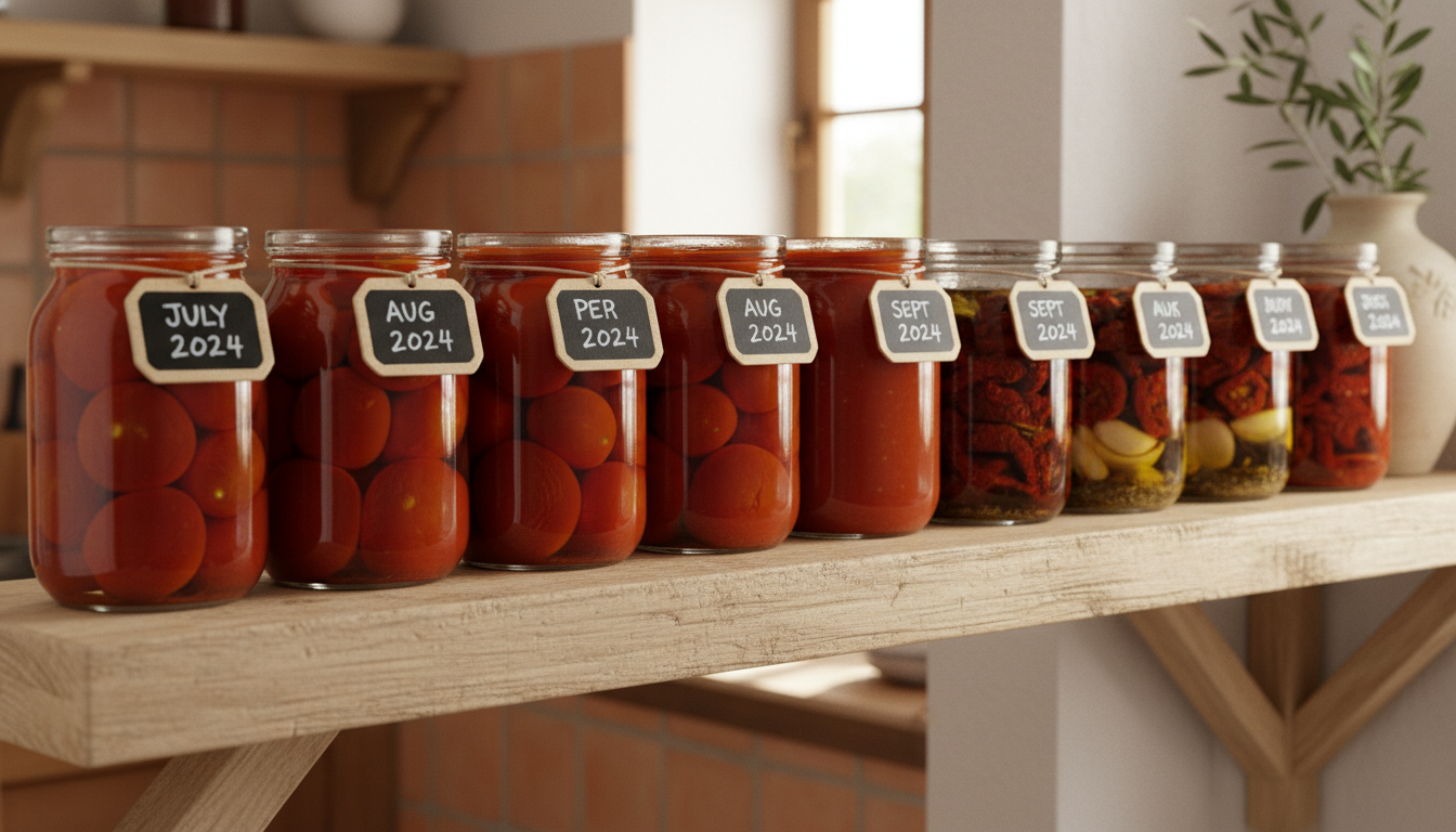 Estantería de despensa con 12 tarros de conserva de tomate caseros etiquetados con fecha