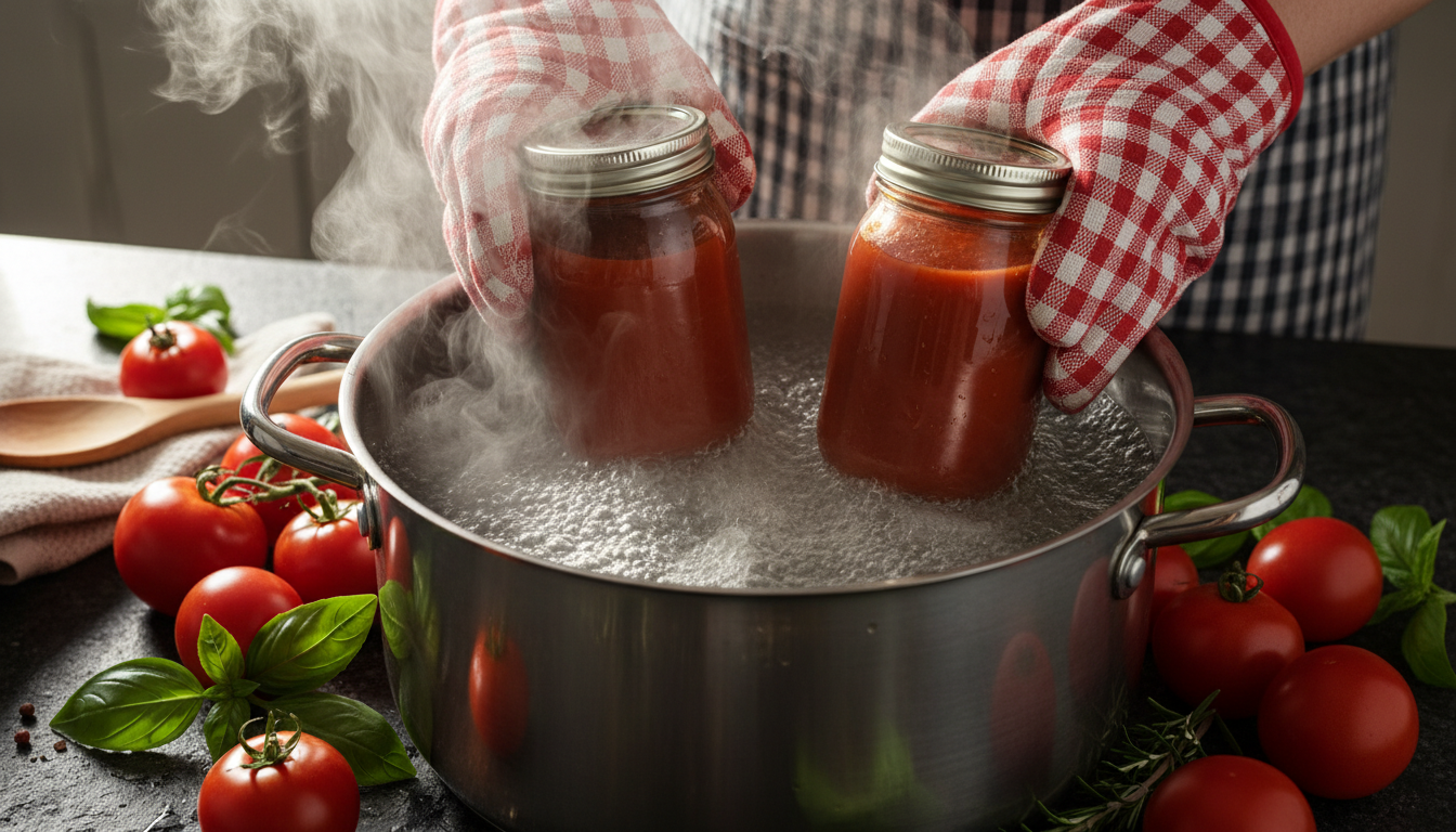 Manos con guantes colocando tarros de salsa de tomate en olla de baño maría con agua hirviendo