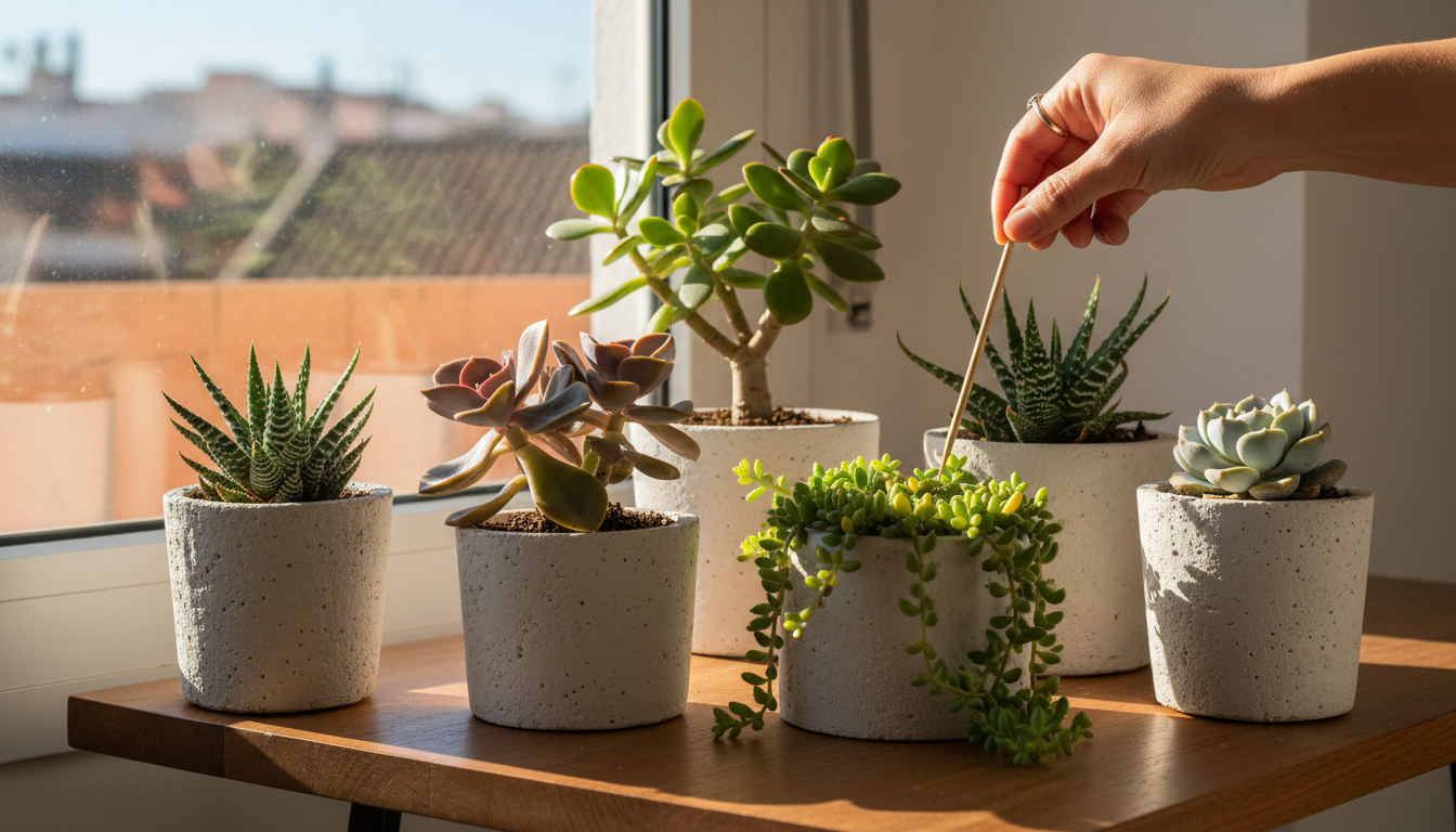Colección de suculentas en tiestos pequeños sobre alféizar de ventana