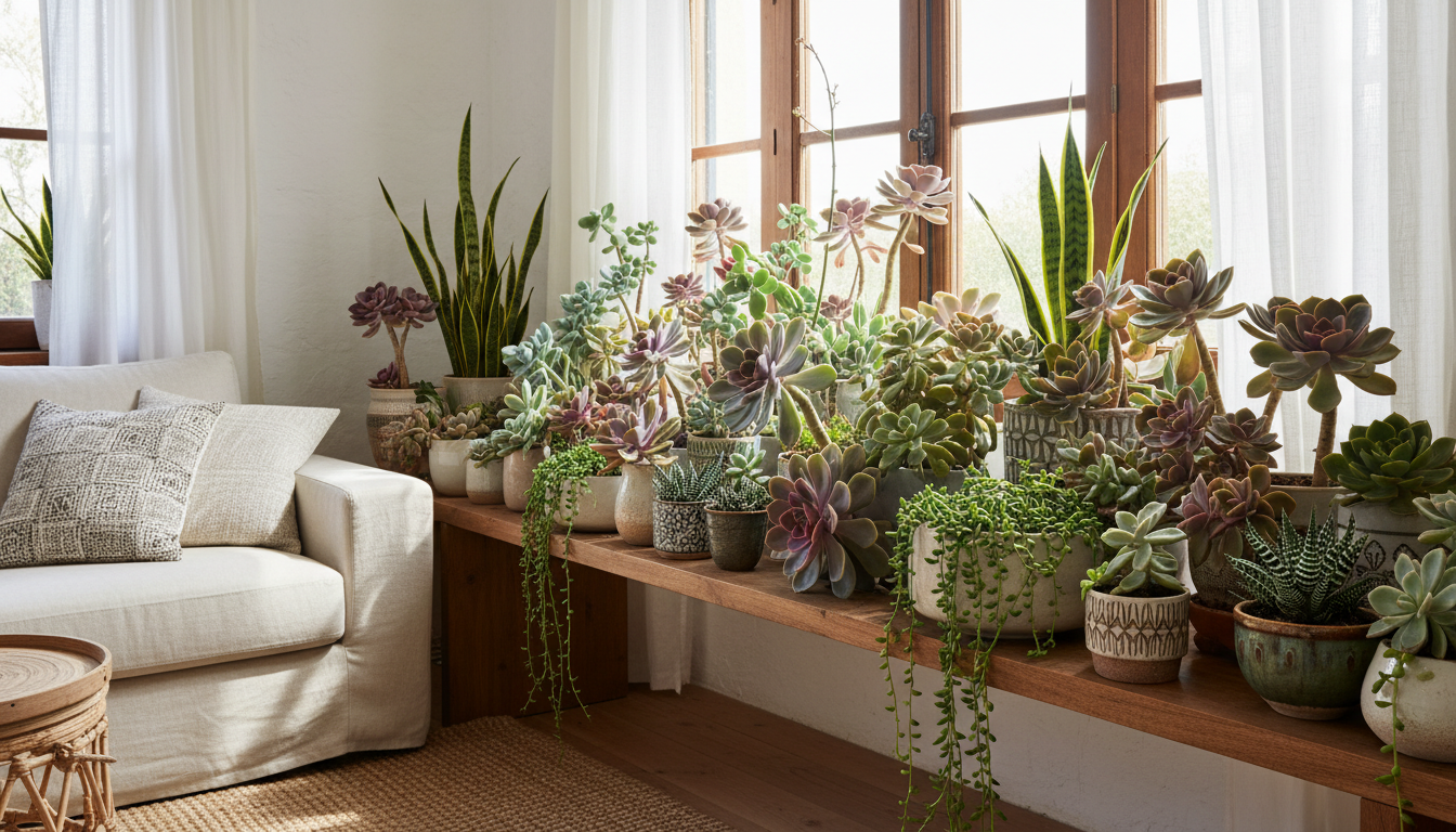 Colección de suculentas variadas sanas en estantería junto a ventana con luz natural
