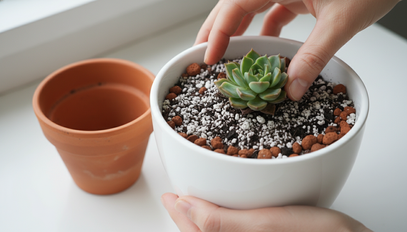 Trasplantando suculenta a maceta blanca de cerámica con sustrato cactus y perlita y bolas drenaje