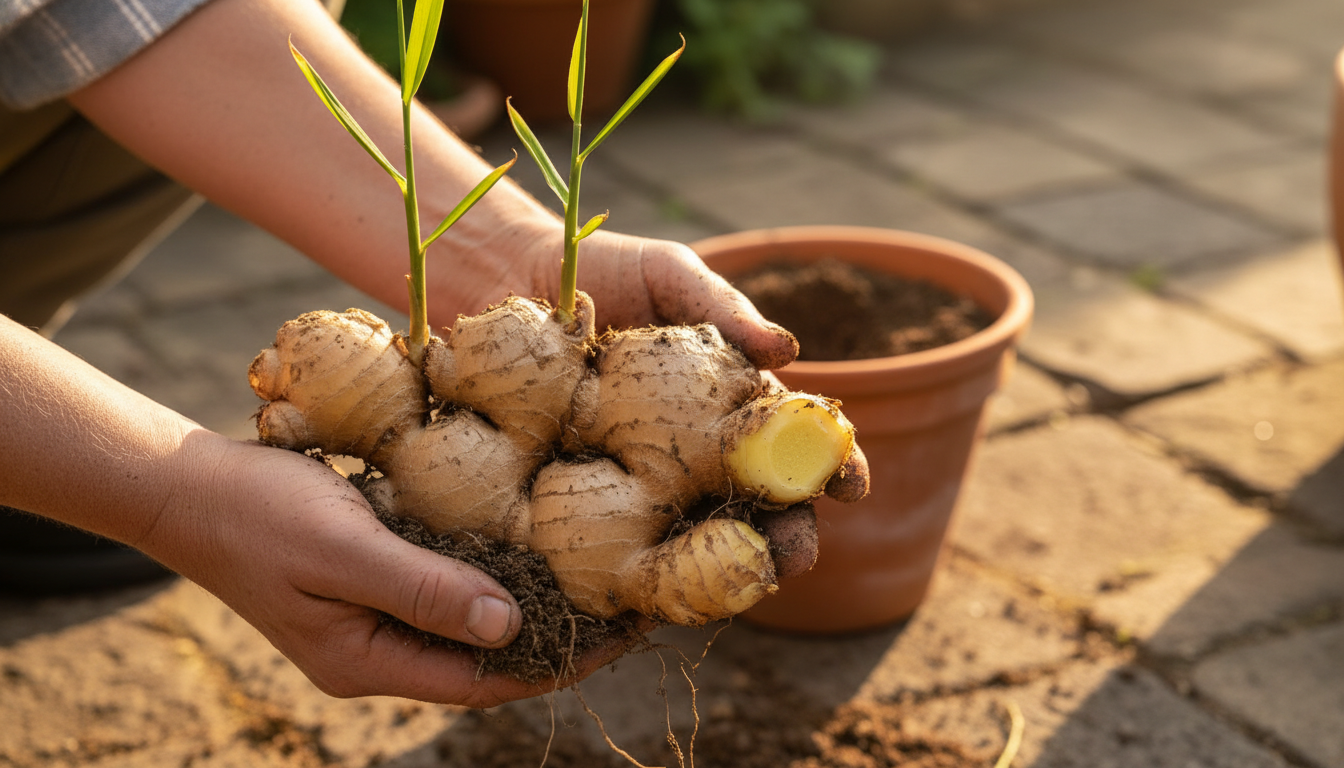 Manos cosechando rizoma fresco de jengibre recién extraído de maceta de terracota