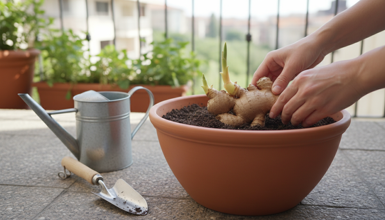 Manos plantando rizoma de jengibre con yemas verdes hacia arriba en maceta grande de terracota