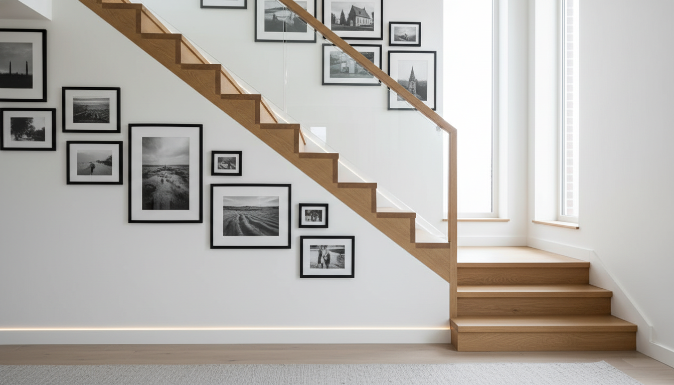 Pared de escalera decorada con galería de fotos en diagonal