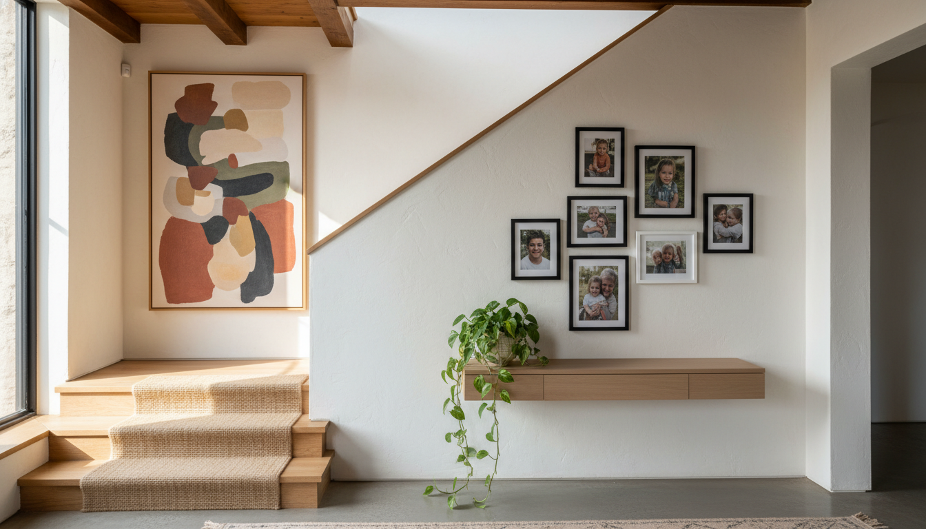 Pared de escalera decorada con cuadro vertical XL galería de fotos y consola con planta