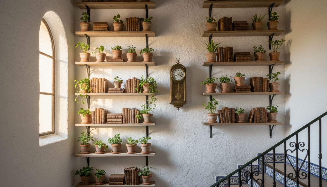 Estanterías flotantes de madera escalonadas siguiendo la diagonal de la escalera con plantas y libros