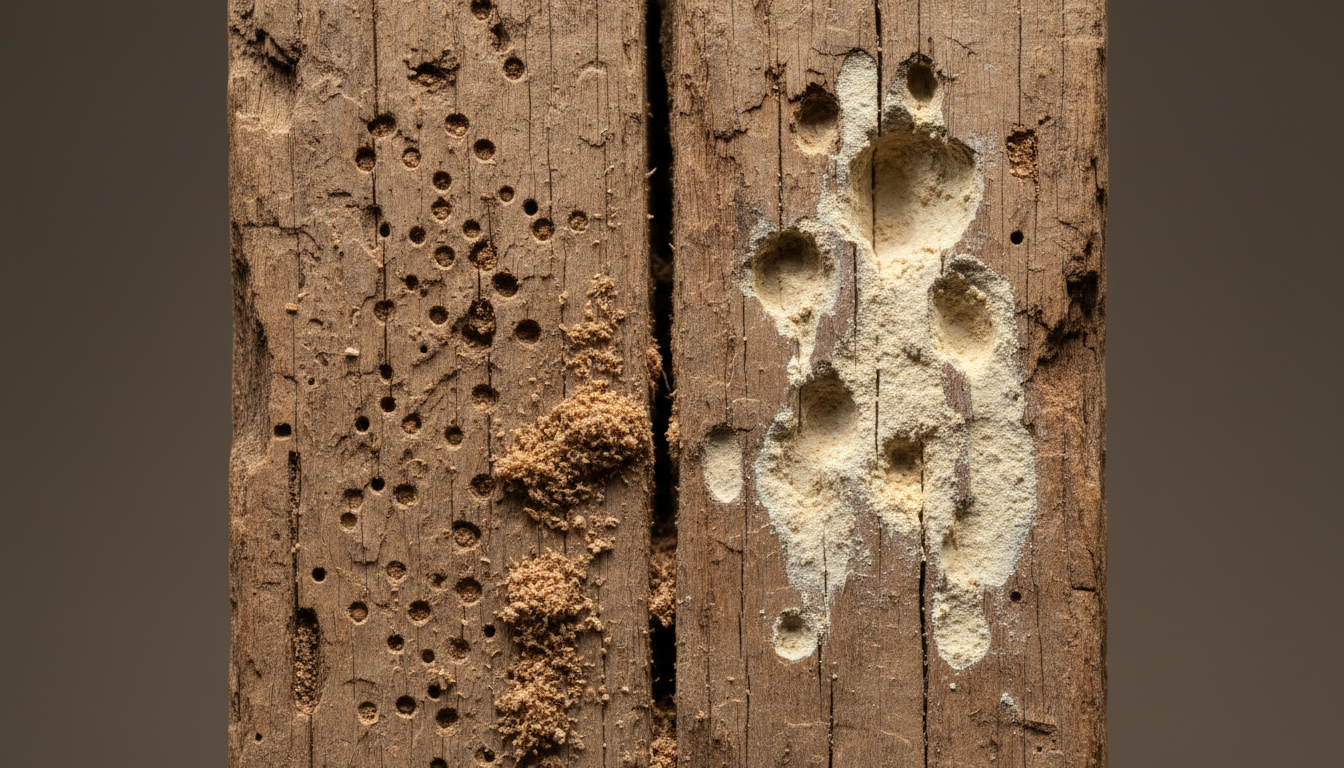 Madera con agujeros de carcoma y serrín visible bajo viga antigua