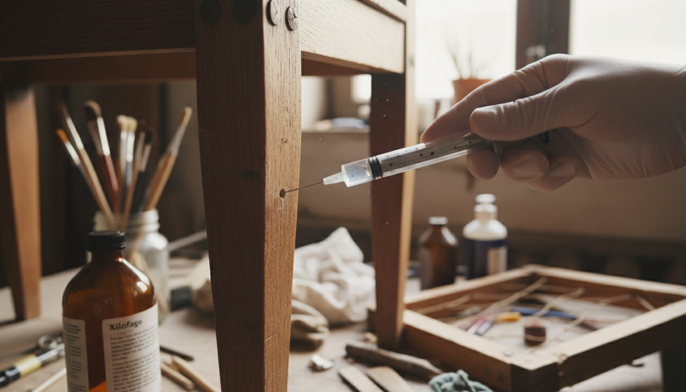 Aplicando tratamiento xilófago con jeringuilla en agujero de carcoma en pata de silla