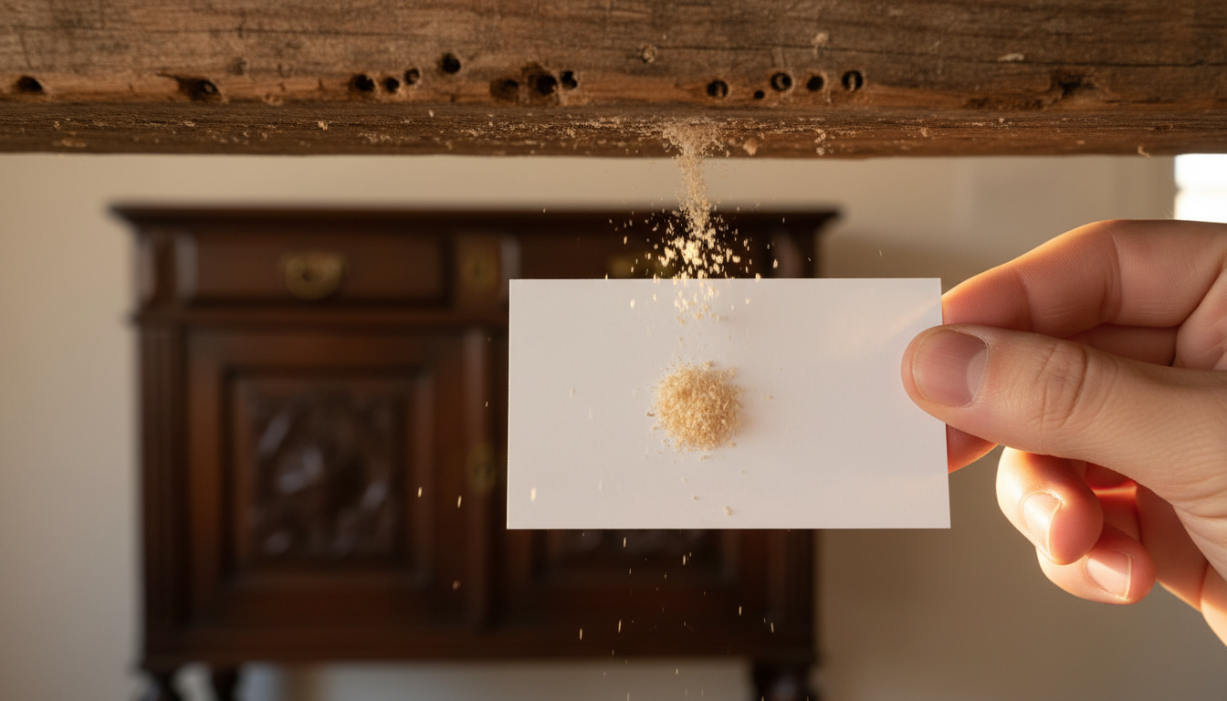 Detectando carcoma activa con tarjeta blanca bajo viga de madera con serrín fresco