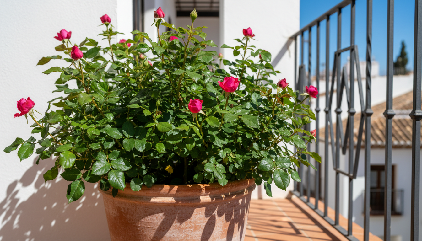 Rosal sano con flores rosas en maceta de terracota en balcón soleado tras tratamiento