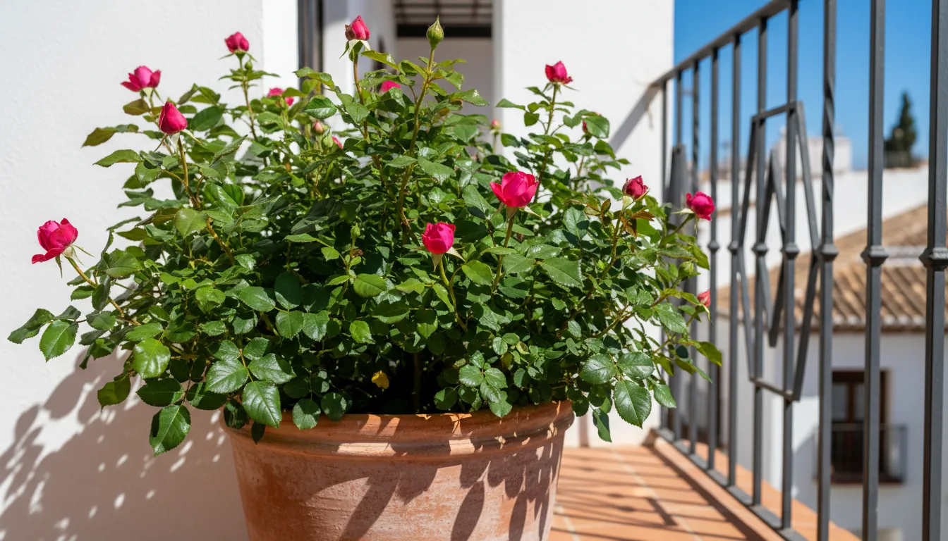 Rosal sano con flores rosas en maceta de terracota en balcón soleado tras tratamiento