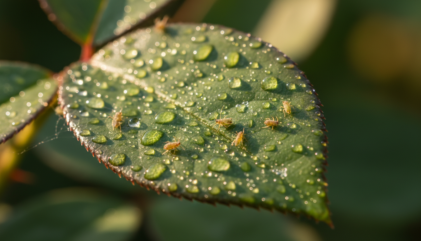 Macro de hoja de rosal con pulgones siendo eliminados por solución jabonosa de Fairy