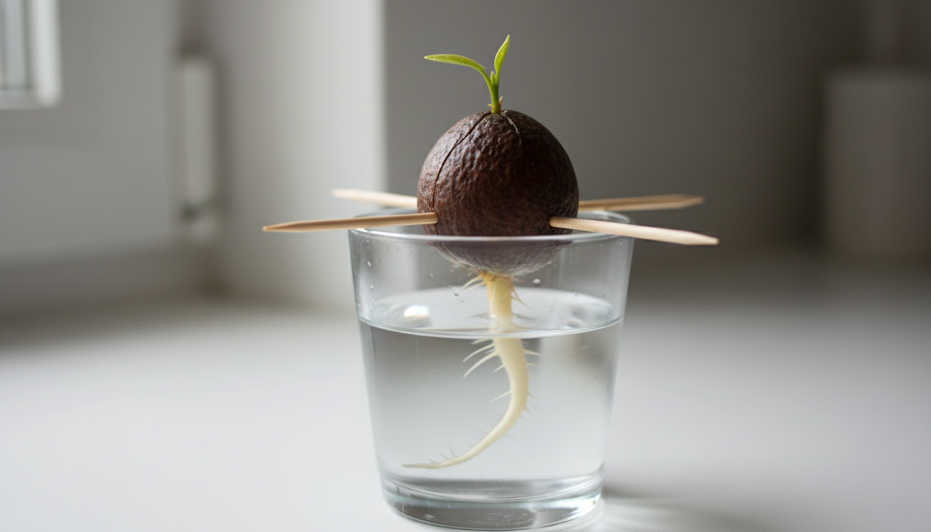 Hueso de aguacate germinando en vaso de cristal con palillos y raíz blanca visible