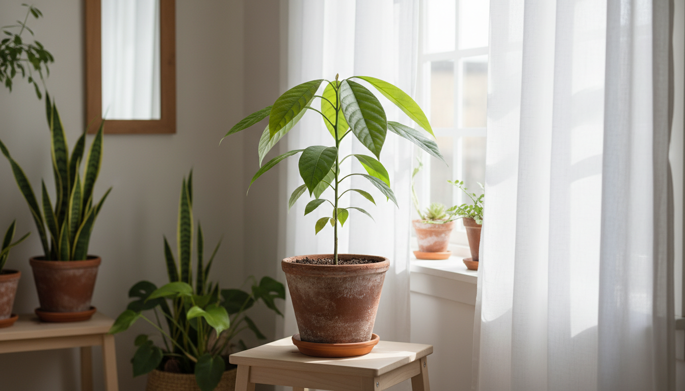 Aguacate joven de 50 cm en maceta de terracota con hojas verdes brillantes en interior luminoso