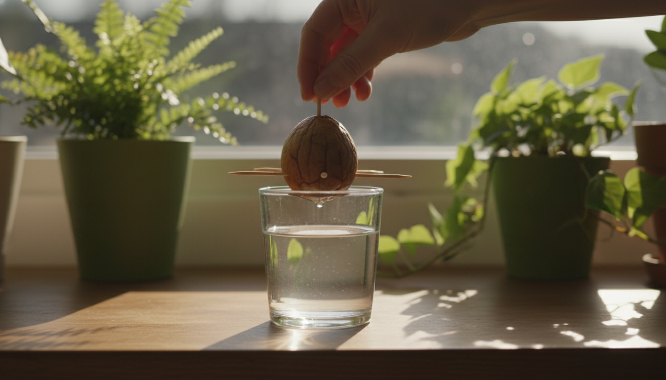 Hueso de aguacate con tres palillos clavados sobre vaso con agua en ventana de cocina
