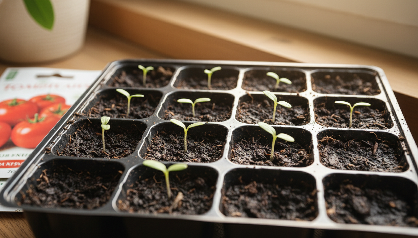 Bandeja de semillero con plántulas de tomate recién germinadas y sobre de semillas