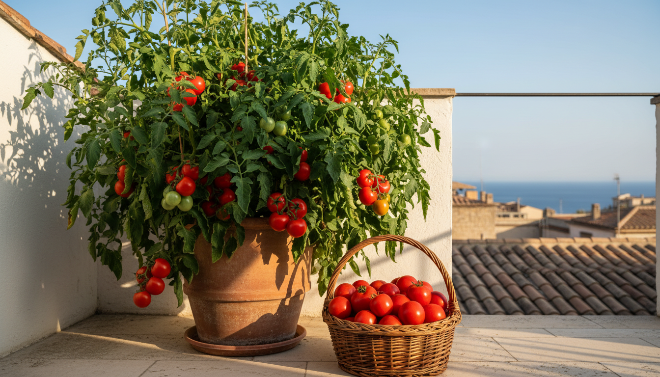 Tomatera adulta cargada de tomates rojos maduros en maceta grande de balcón mediterráneo