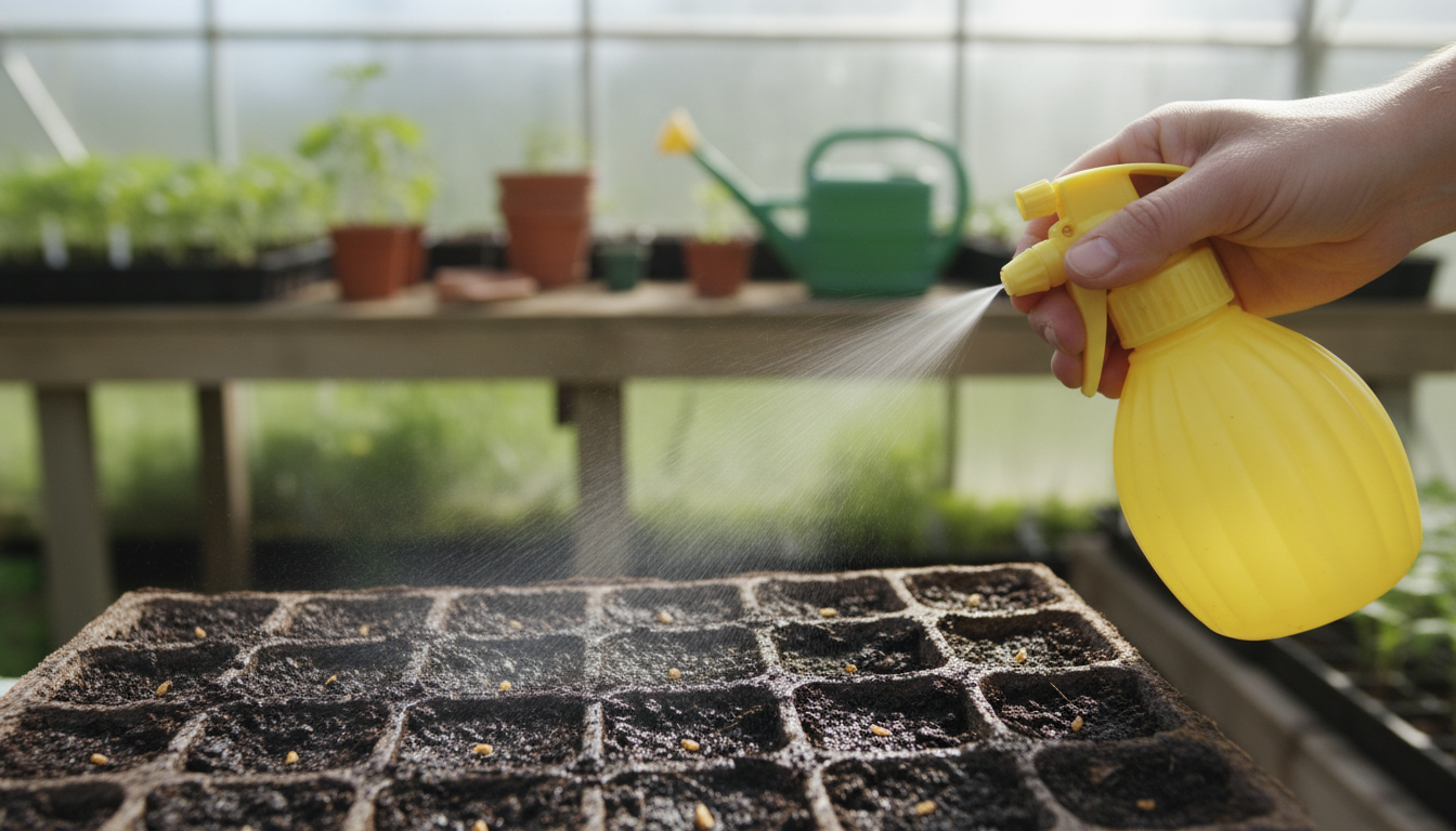Pulverizando agua sobre semillero de tomate recién plantado en bandeja de turba