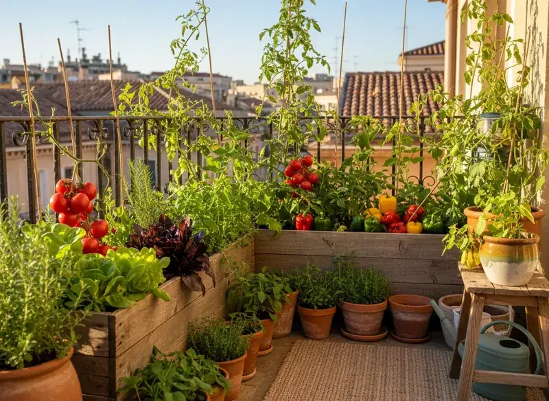 Mesa de cultivo en terraza con tomates pimientos lechuga albahaca y sistema de riego por goteo