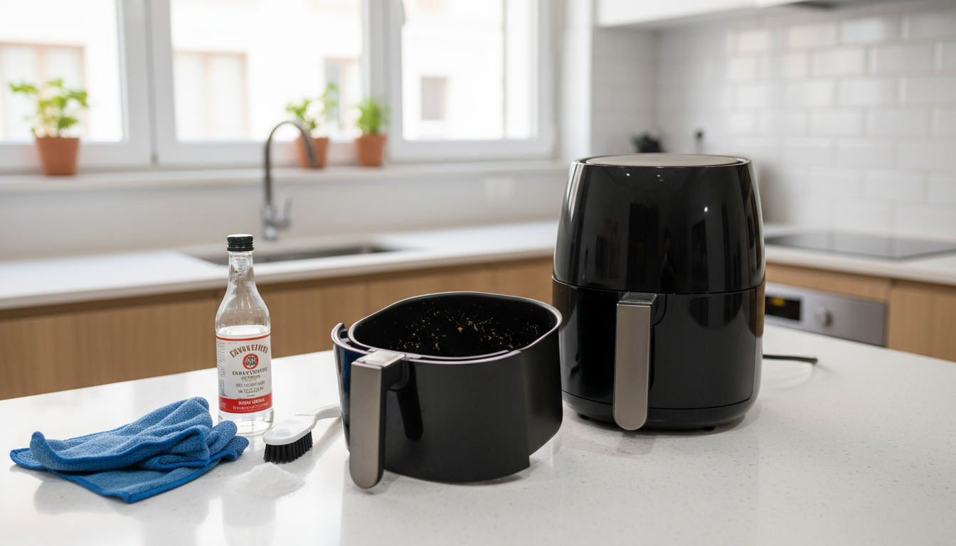 Freidora de aire abierta con cestillo y productos de limpieza naturales