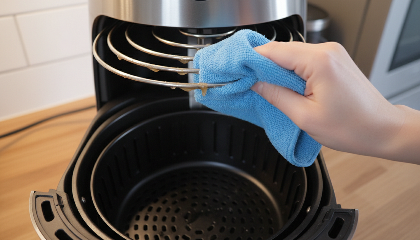 Limpiando la resistencia de la freidora de aire con paño de microfibra y vinagre