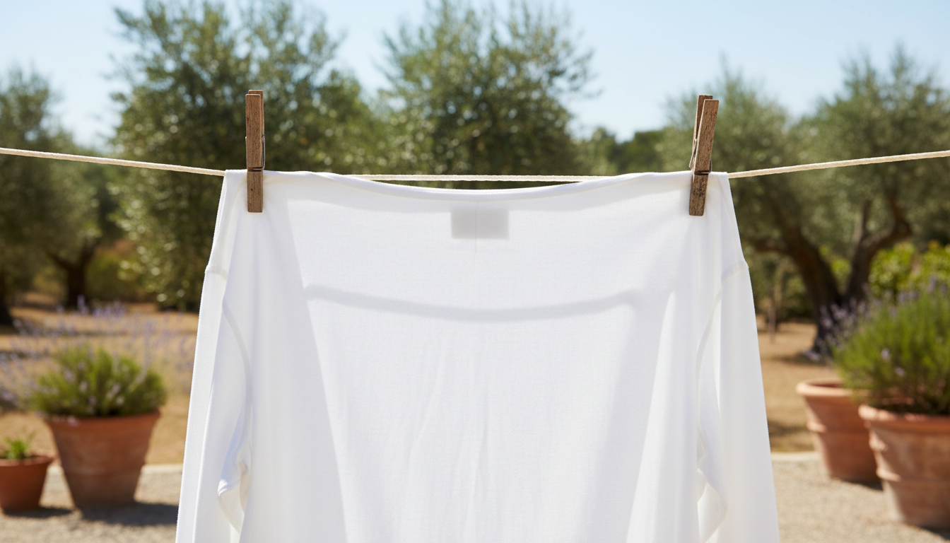 Camisa blanca limpia colgada al sol después de eliminar manchas de humedad