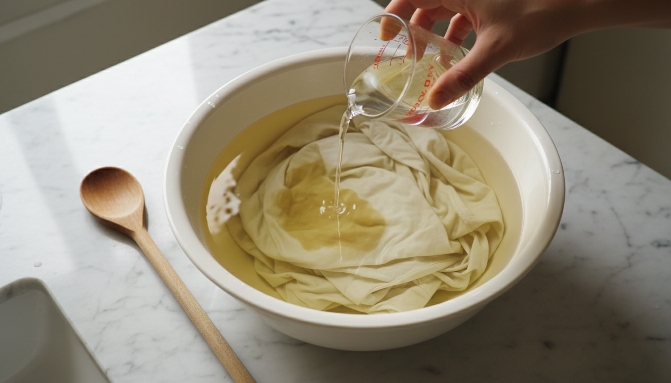 Aplicando vinagre blanco diluido en agua tibia sobre prenda con manchas de humedad