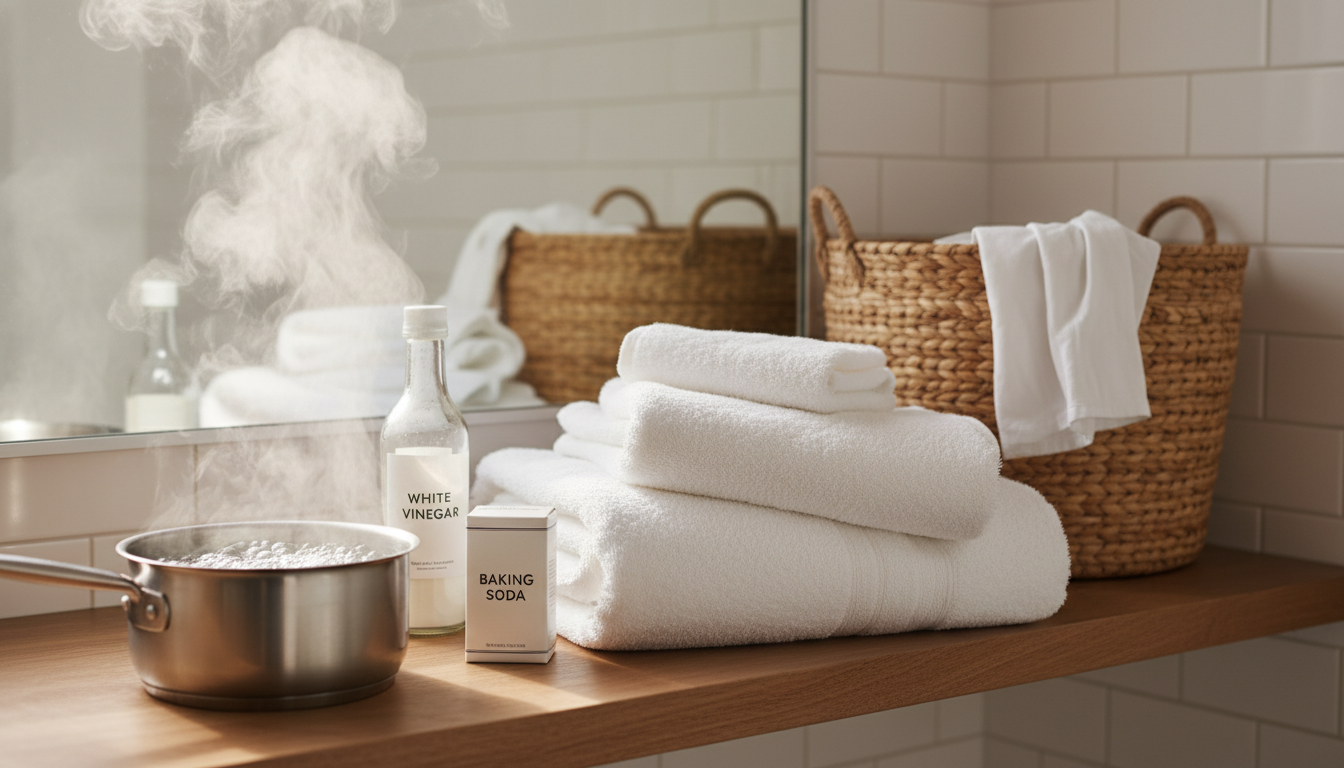 Toallas blancas dobladas con productos para eliminar olor a humedad