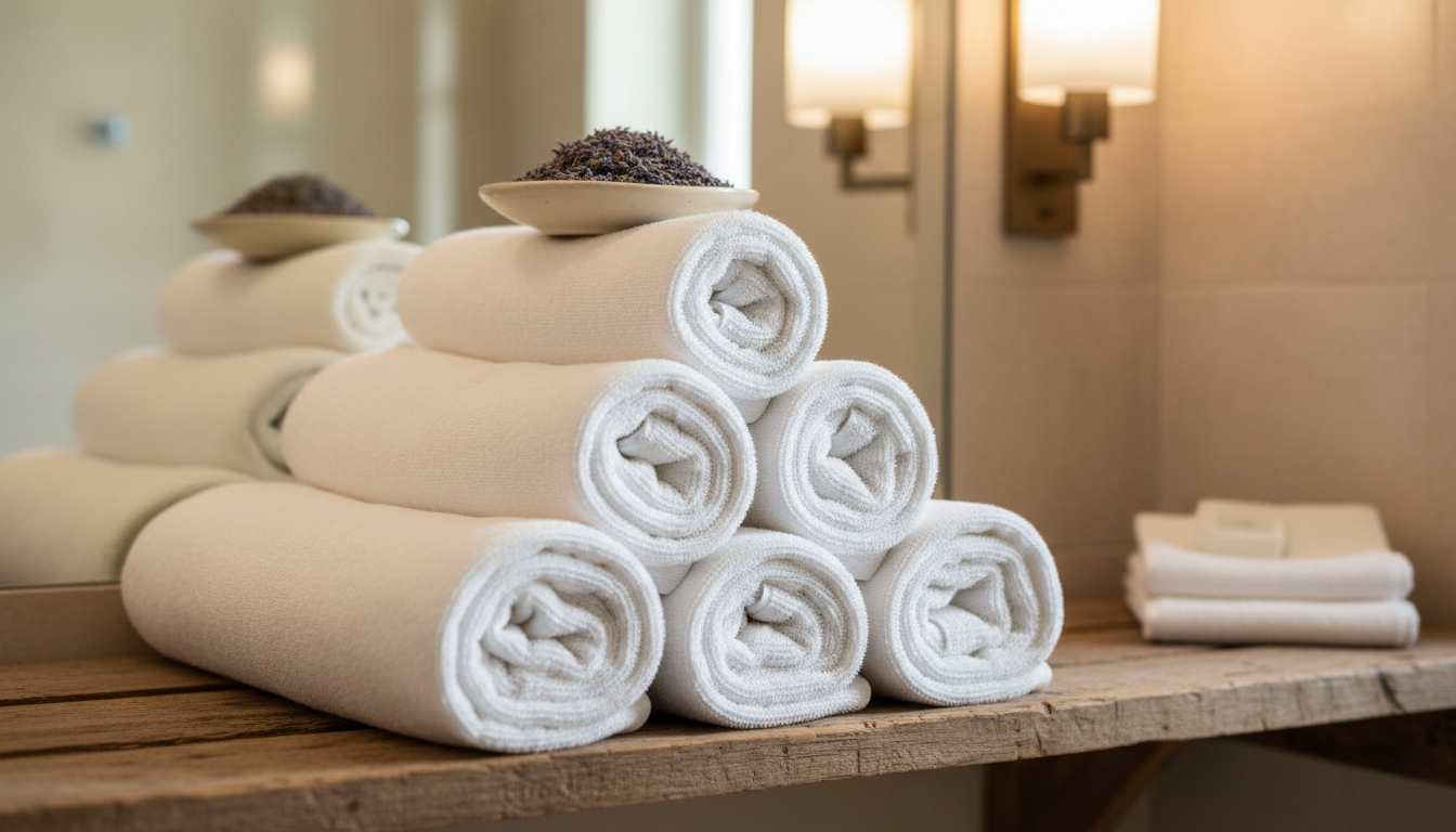 Toallas blancas limpias y mullidas apiladas en estantería del baño con flores de lavanda