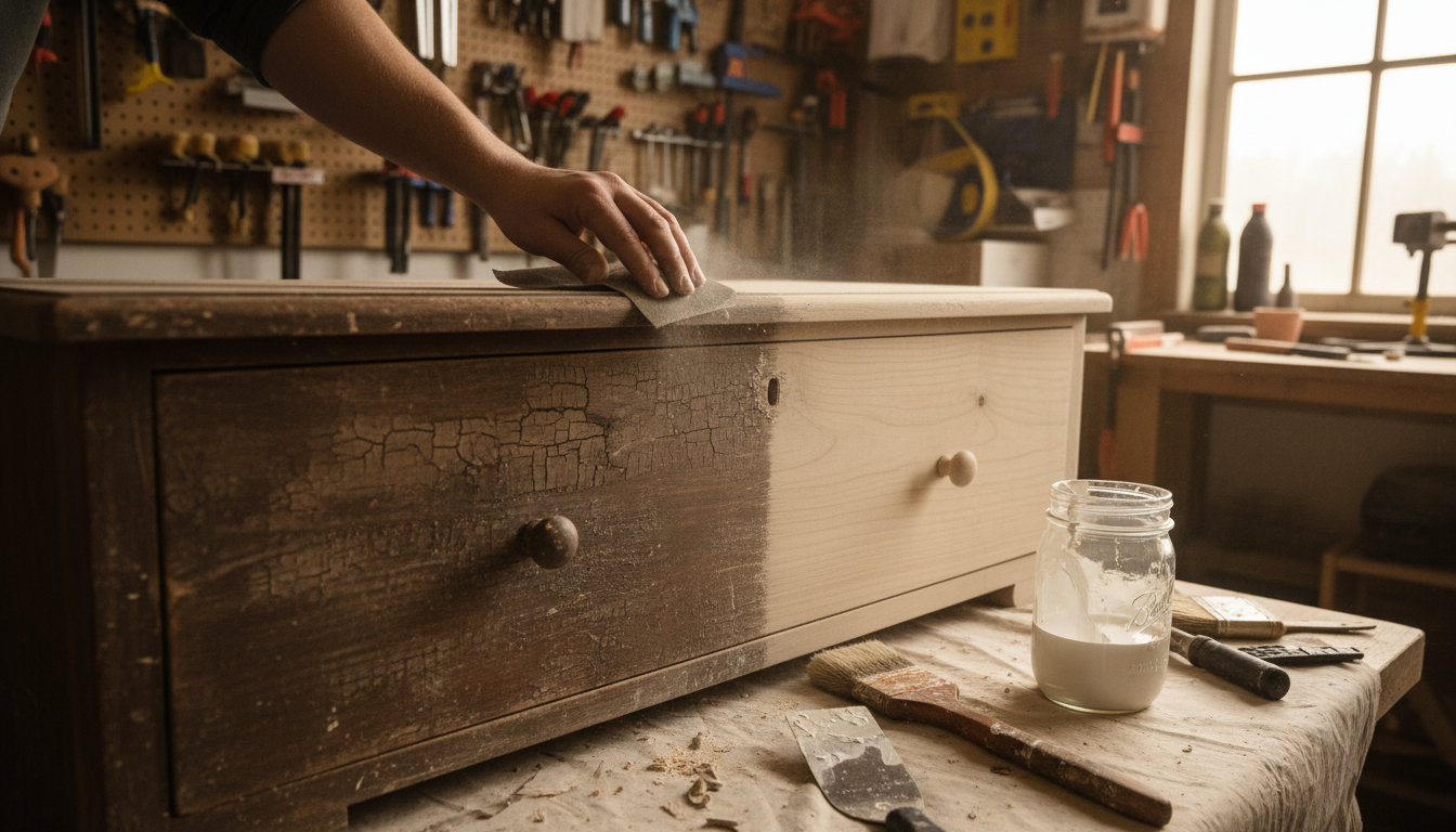 Cómoda antigua de madera siendo restaurada con lijadora y pintura