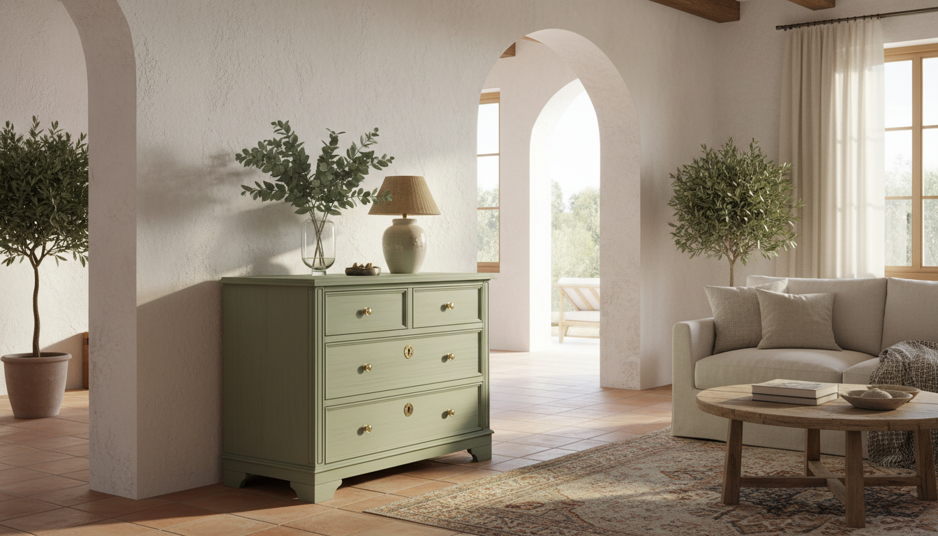 Cómoda antigua restaurada y pintada en verde sage con tiradores nuevos en salón mediterráneo