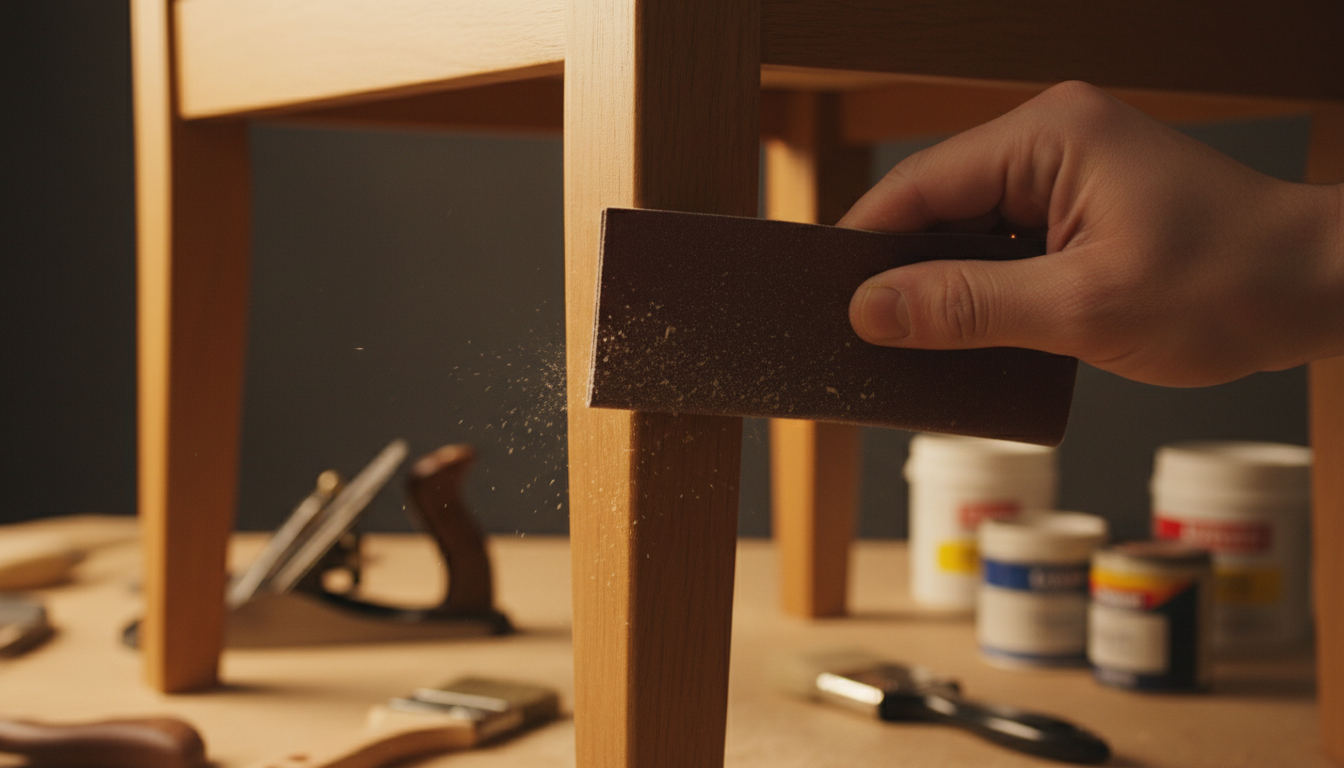 Lijando con papel de lija grano 220 una pata de silla antigua de madera